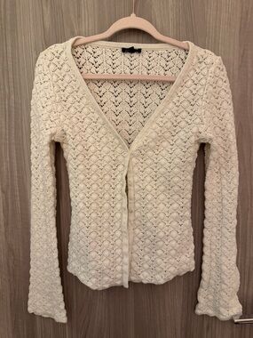 Dynamite Cream Crochet V-Neck Button-Up Sweater